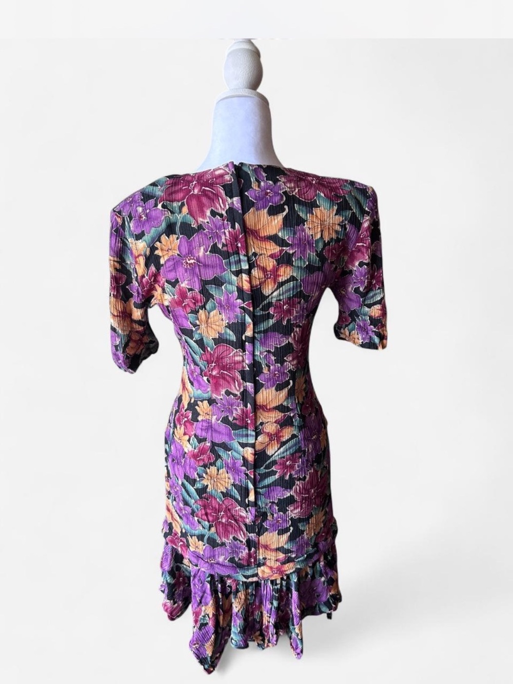 VINTAGE 80s/90s Ansley Floral Plissé Ruffle Dress - Picture 4 of 7